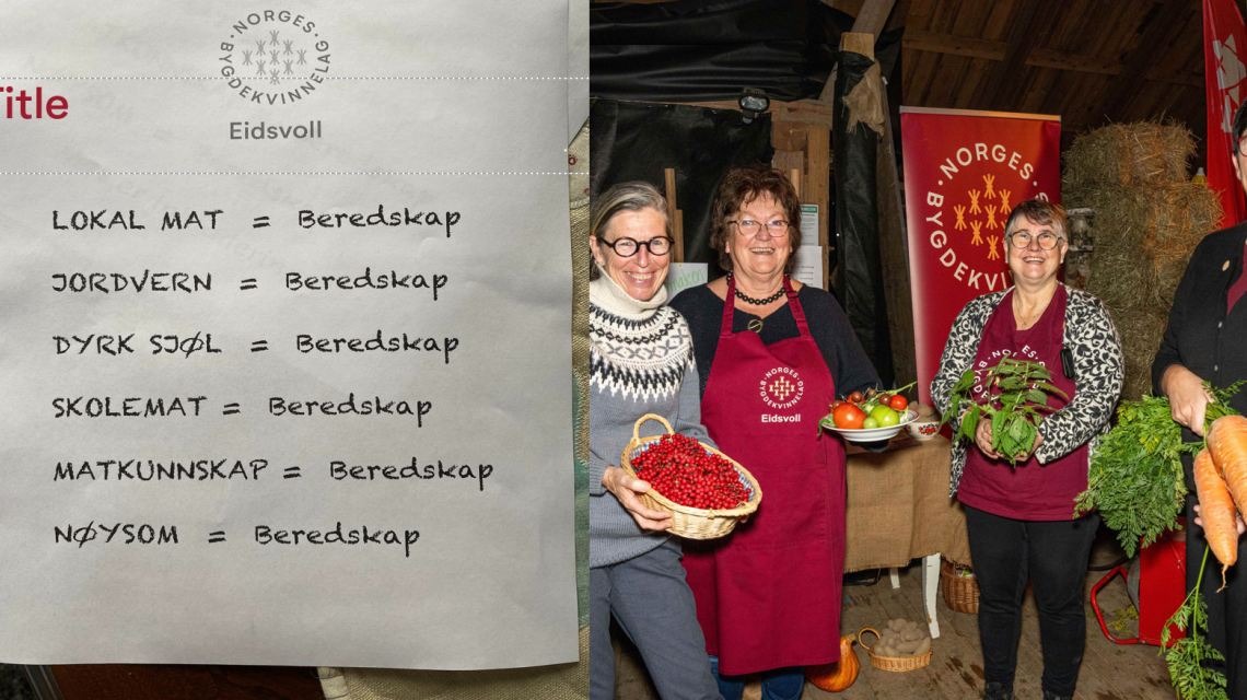 Gjennom aktiviteter og kurs i sitt lokalmiljø formidler Eidsvoll Bygdekvinnelag hvordan lage mat fra bunnen av og hvorfor det er så viktig at vi produserer mest mulig av maten vår lokalt. Fra venstre Inger Sofie Rønsen Guttulsrud og Unni Tømte (Eidsvoll Bygdekvinnelag), Anne Irene Myhr og Cesilie Aurbakken (Norges Bygdekvinnelag). Foto: Joakim Lystad. 