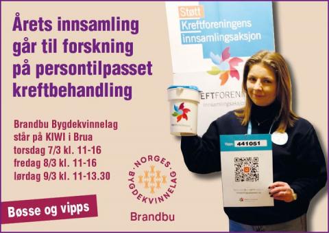 Brandbu Bygdekvinnelag støtter opp om innsamlingsaksjonen med bøsser og Vipps! (Plakat: Eva Østen).  