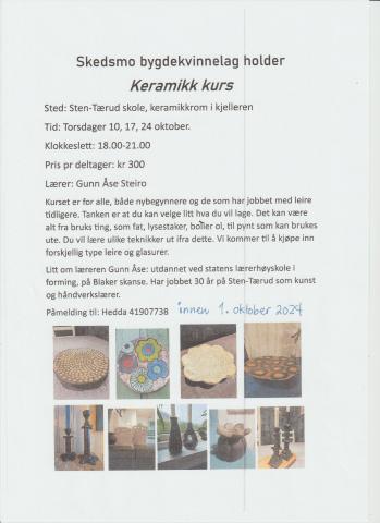 Keramikk kurs for nybegynnere og de som har jobbet med leire tidligere.
