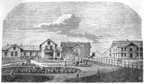 Gammelt bilde hentet fra Anno Museum som viser Ankervillaen og folkehøgskolen