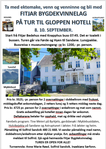 Hei alle saman!  Her kjem invitasjonen til Streif i Rødal.  Påmelingsfrist 15 mai.  Påmelding til Gerd Laura Bondhus tlf.99240377  Betaling ved påmelding: Vipps 550750 Kontonr: 3546 30 41898 Husk å merk betalinga med "Streif" og Navn  Medlem: kr.580,-  Ikkje medlem: kr. 700,-  Avmelding etter 24 mai vert ikkje refundert.  Gi beskjed om allergiar ved påmelding.  Hjarteleg velkmomne skal de vera til ein flott dag i vakre og spennande Røldal!
