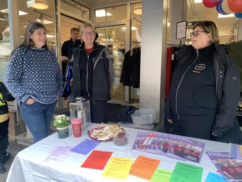 Et knippe bygdekvinner på stand i Holmestrand under åpningen av den nye fylkesveien