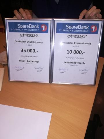 Gåvebrev frå SpareBank1 stiftinga. Foto Ingunn Sandvik