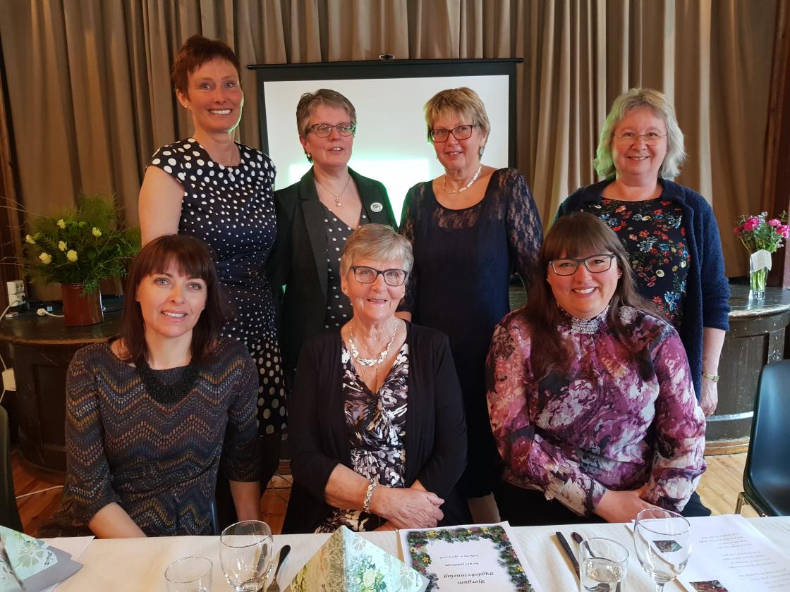 festkomiteen- framme til venstre;Elin Helgaset, Brita Knapstad,Marit Helgaset. bak frå venstre;Solvor T.Bakketun, Randi F. Opheim, Berit Klyve og Berit R. Græe