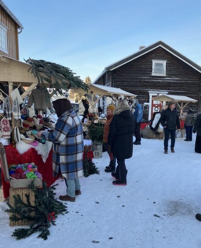 Mennesker og boder på julemarked
