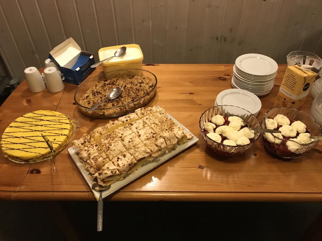 Vertinnegruppa stilte med mykje godt, marengskake, suksessterte, epleterte, is og gele med frukt!