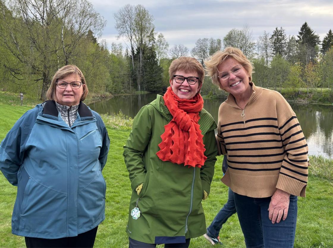 Hillestad Bygdekvinnelags leder, May Synnøve Næs Engen, Kathrine Kleveland og Wenche Andersen med vind i håret på Reidvin-tunet