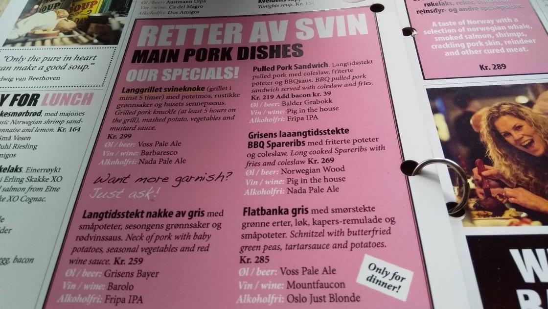 Utsnitt av menyen på Den Glade Gris