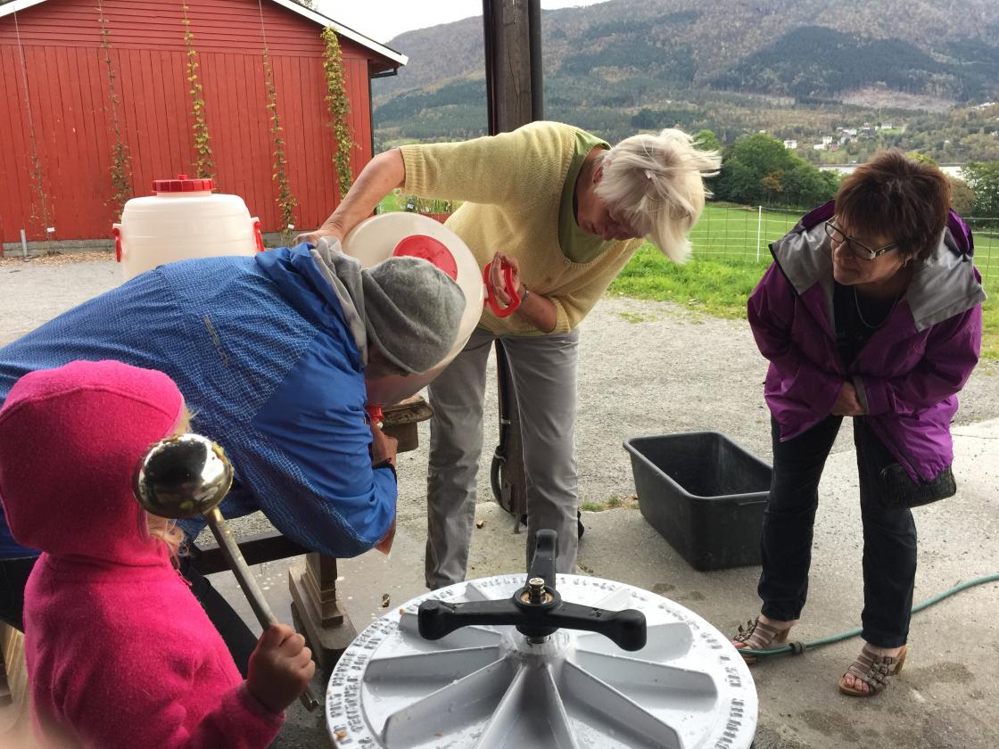 Eplesaften fylles i poser og på flasker