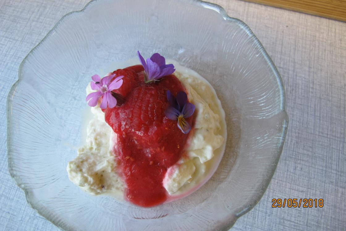 Sylta kvann med krem og bringebærsaus.