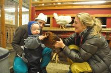 Tidlig kunnskap er viktig. Her koser Maria Almli (til høyre) seg i hønsegården sammen med ettåringen Skage og mamma Elin Aan-Quabeck på Bodin 4H-gård. Foto: Ingeborg Tangeraas.